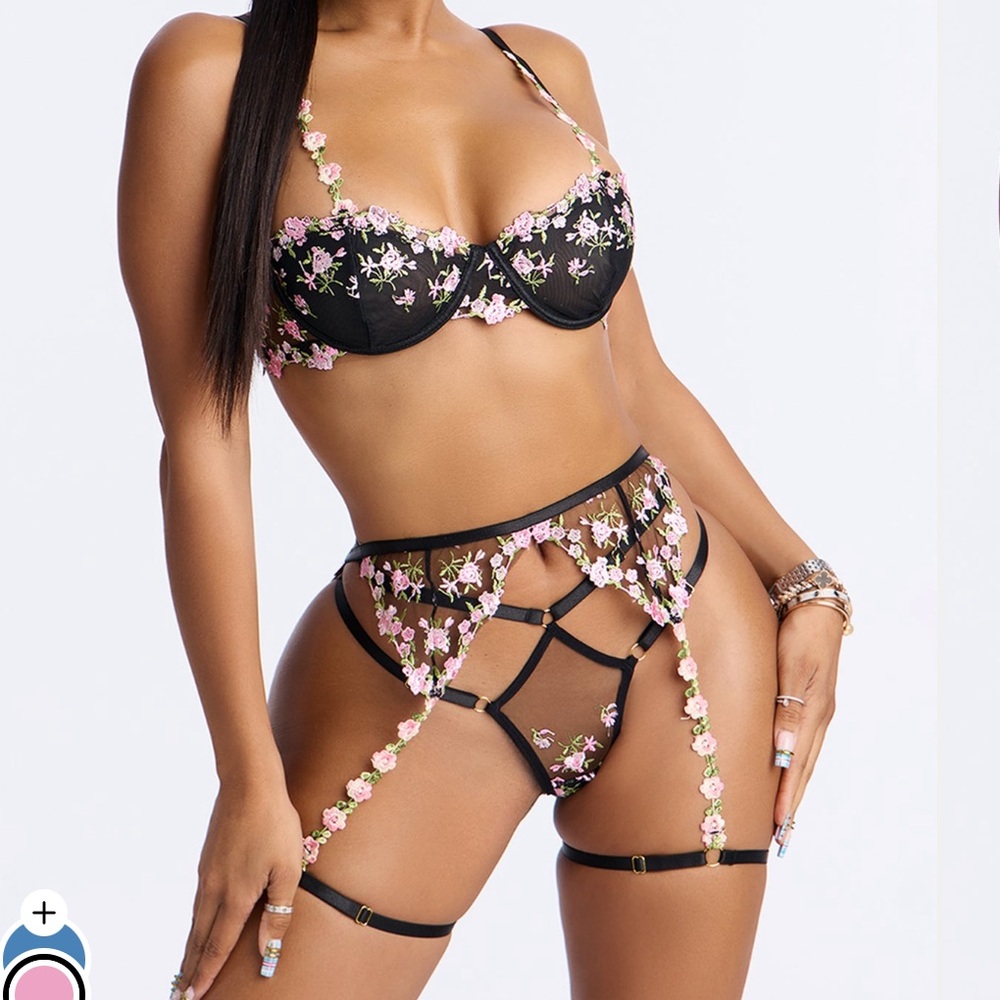 Fashion Nova Black and Pink Floral Bra Set